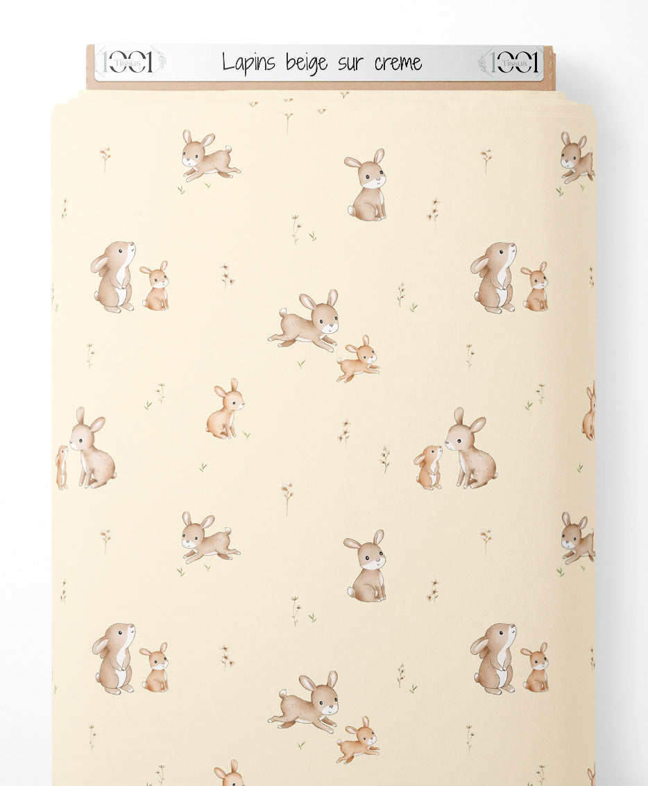 Tissu - Lapins beige sur crème