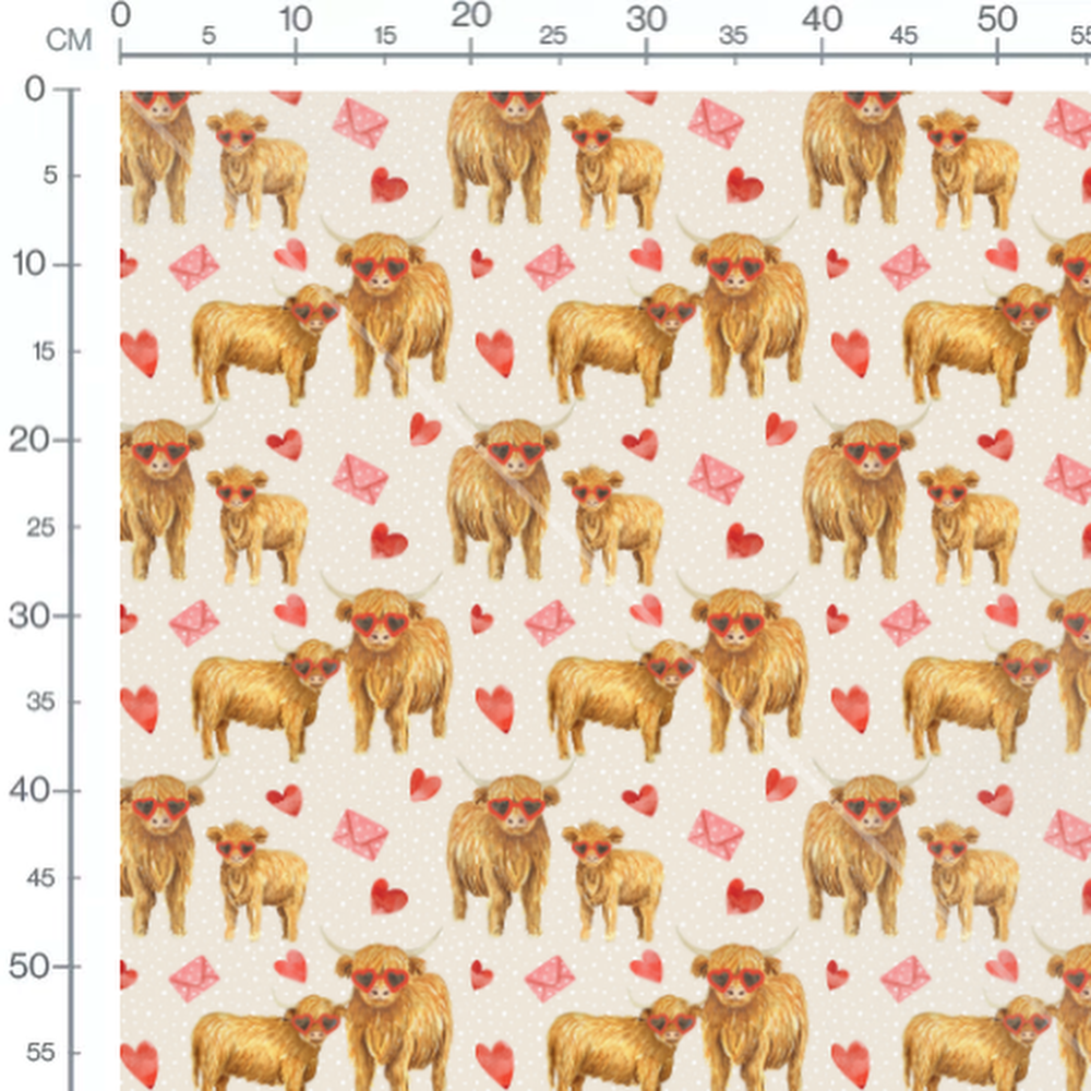 Tissu - Vaches et cœurs rouges