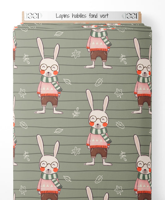 Tissu - Lapins habillés sur fond vert