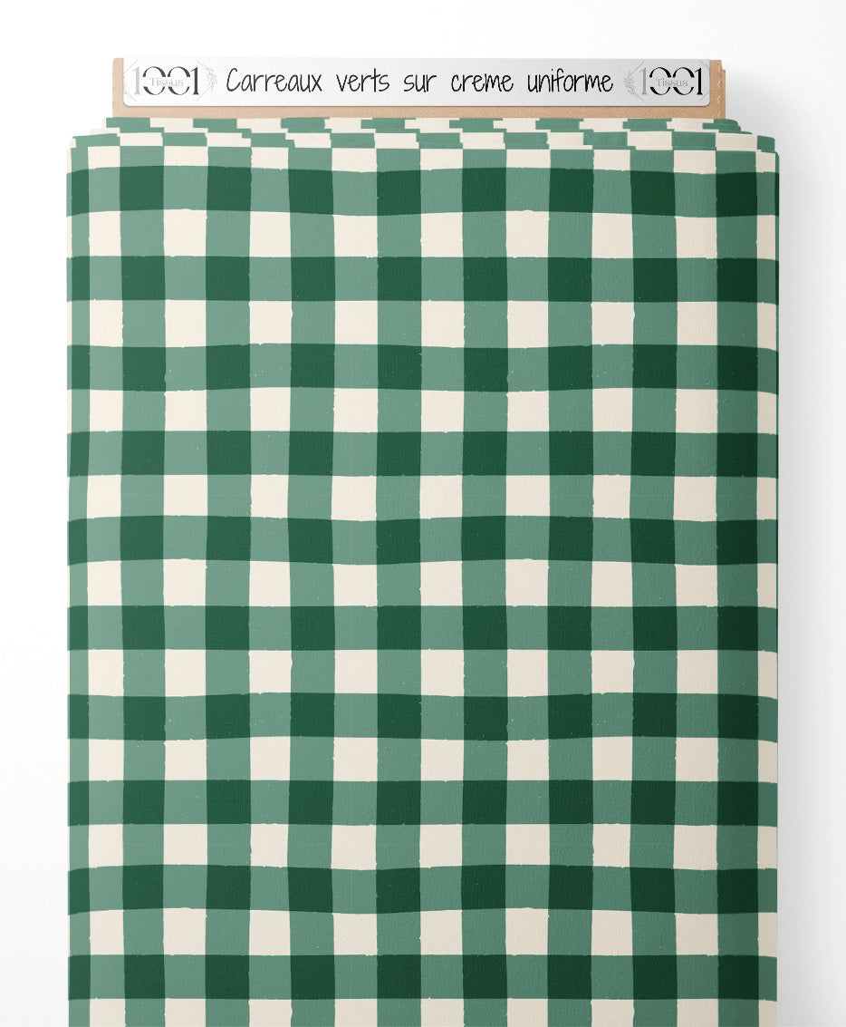 Tissu - Carreaux verts sur crème uniforme