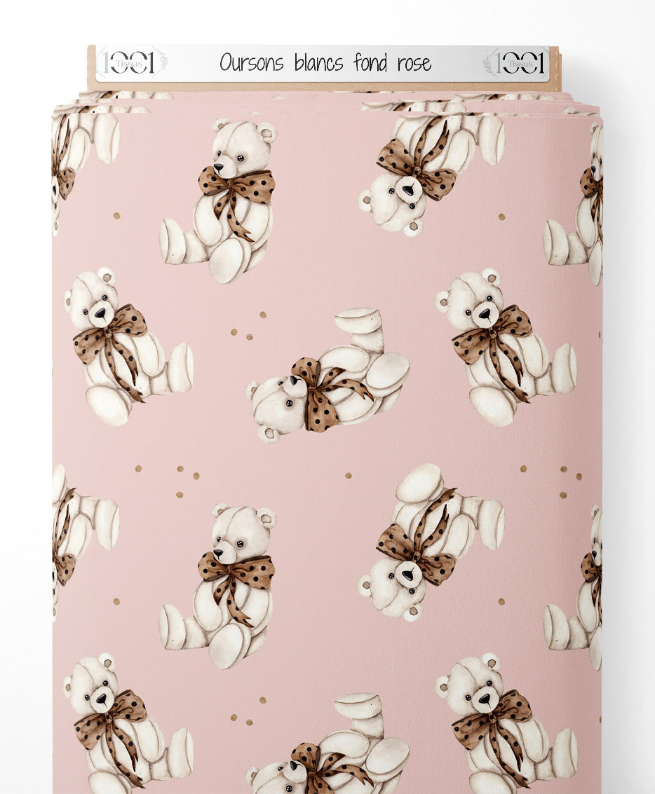 Tissu - Oursons blancs sur fond rose