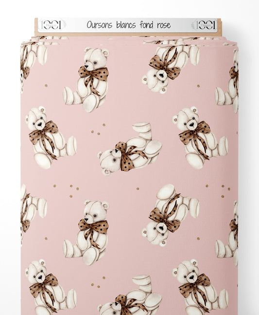 Tissu - Oursons blancs sur fond rose