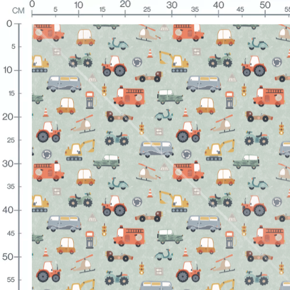 Tissu - Véhicules colorés sur vert