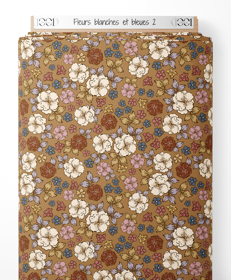 Tissu - Fleurs blanches et bleues 2