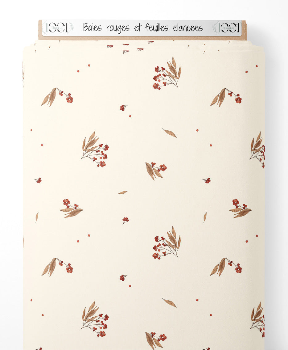 Tissu - Baies rouges et feuilles élancées