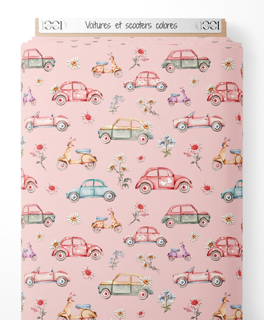 Tissu - Voitures et scooters colorés