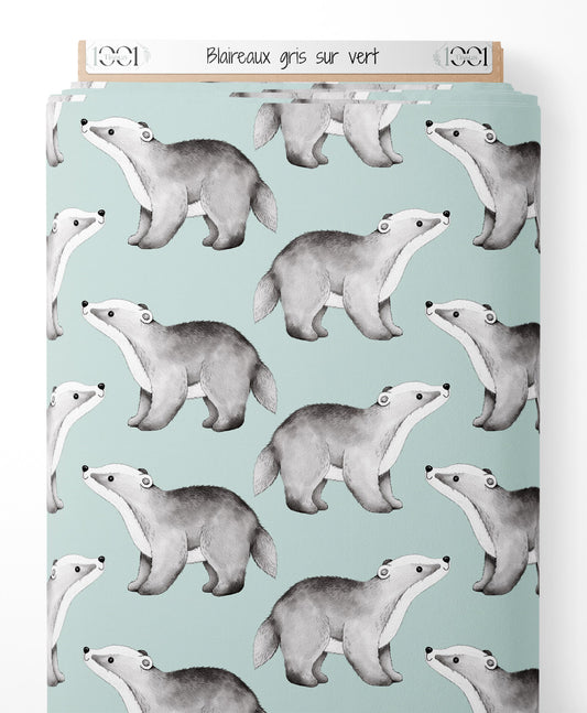 Tissu - Blaireaux gris sur vert