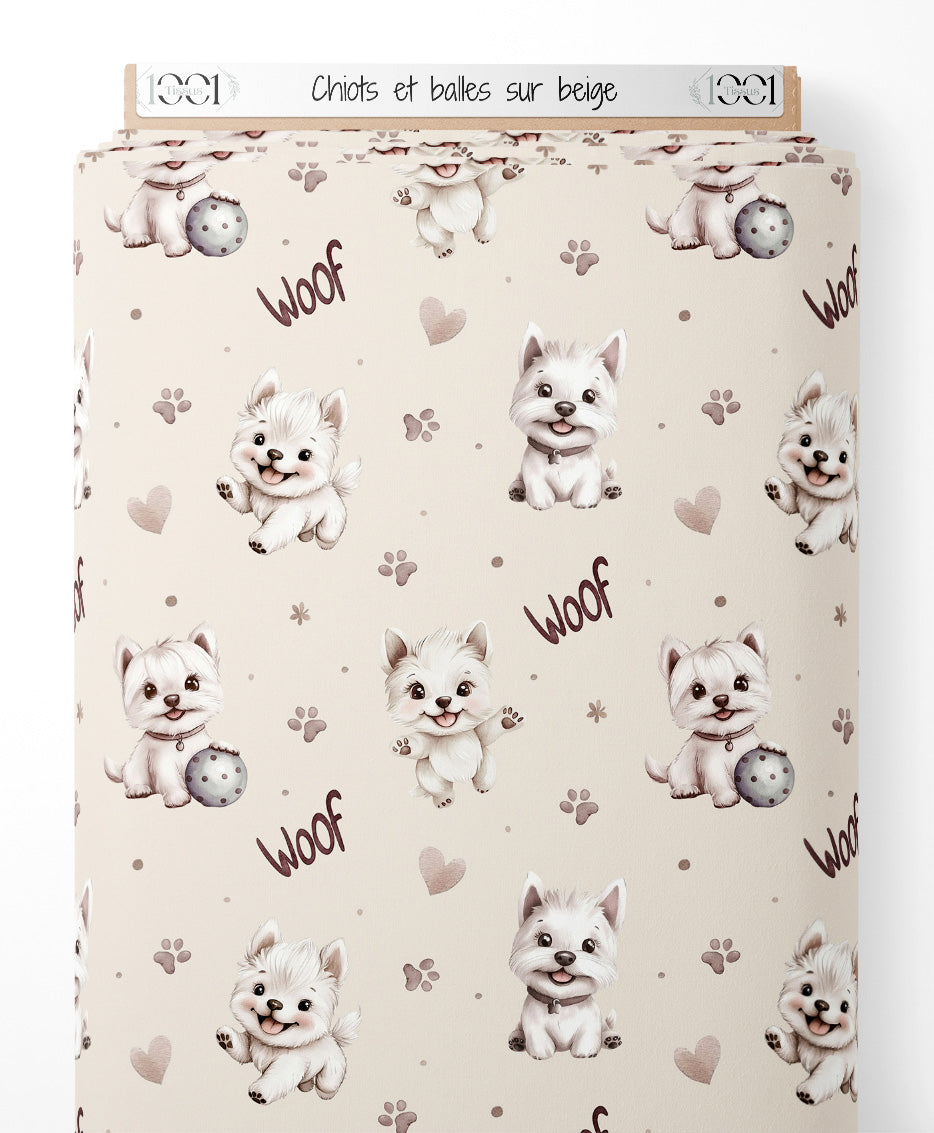 Tissu - Chiots et balles sur beige