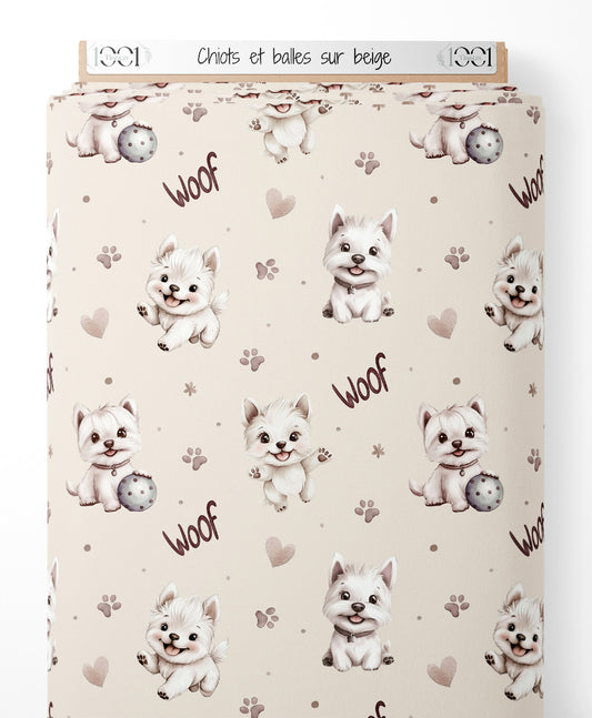 Tissu - Chiots et balles sur beige