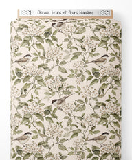 Tissu - Oiseaux bruns et fleurs blanches