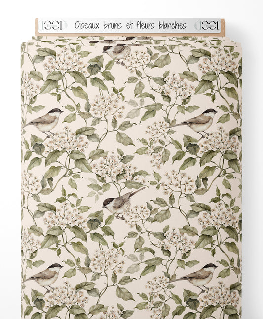 Tissu - Oiseaux bruns et fleurs blanches