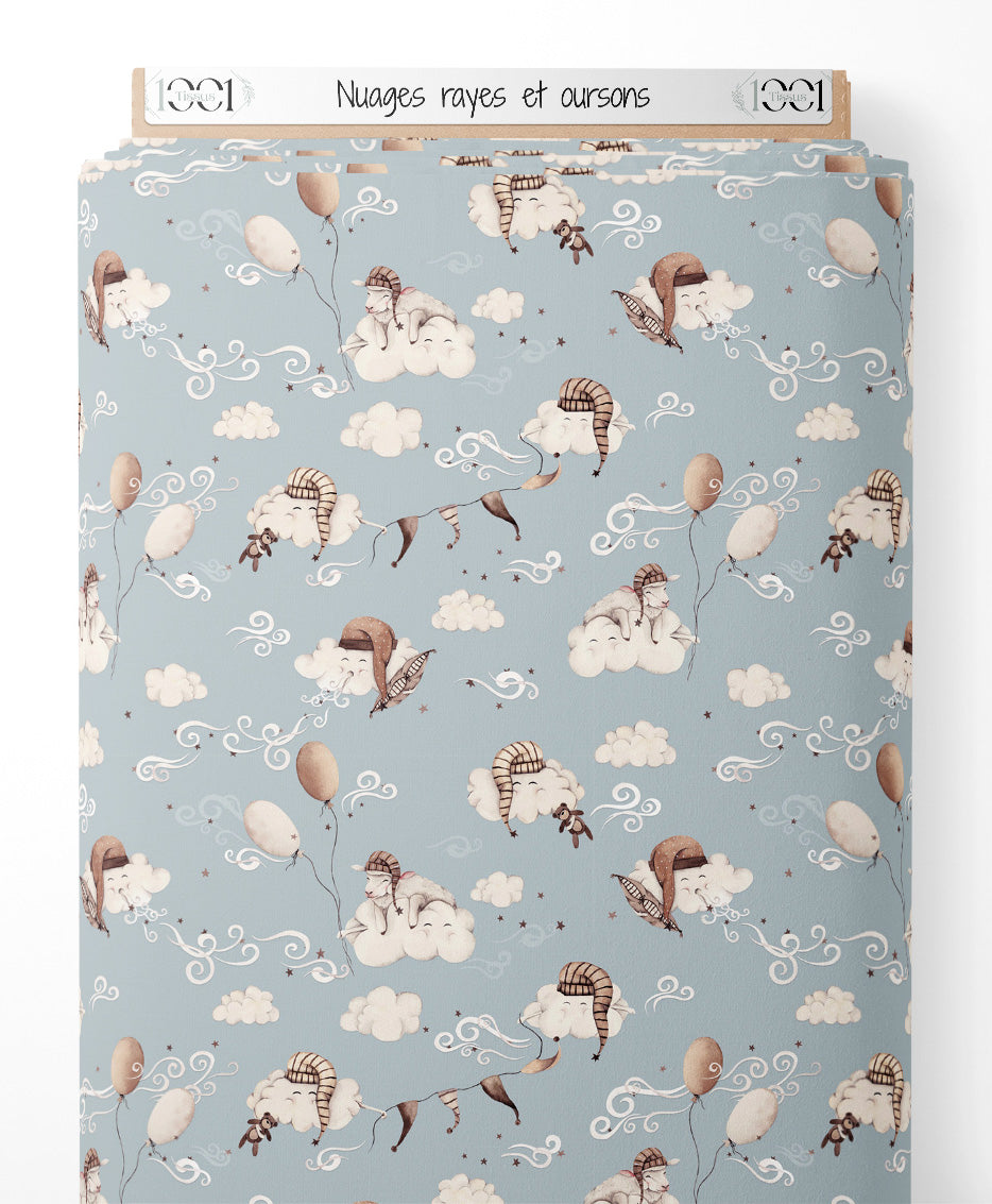 Tissu - Nuages rayés et oursons