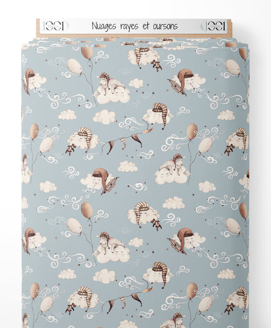 Tissu - Nuages rayés et oursons