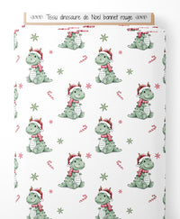 Tissu - dinosaure de Noel bonnet rouge