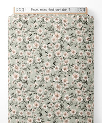 Tissu - Fleurs roses sur fond vert clair 3