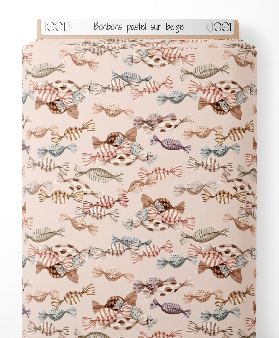 Tissu - Bonbons pastel sur beige