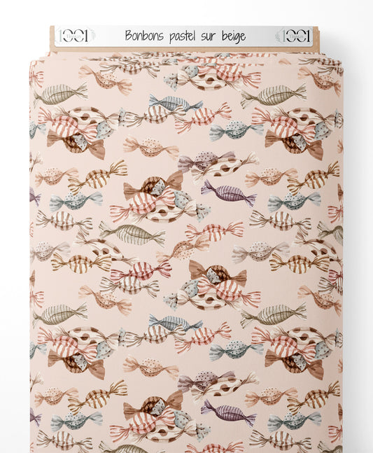 Tissu - Bonbons pastel sur beige