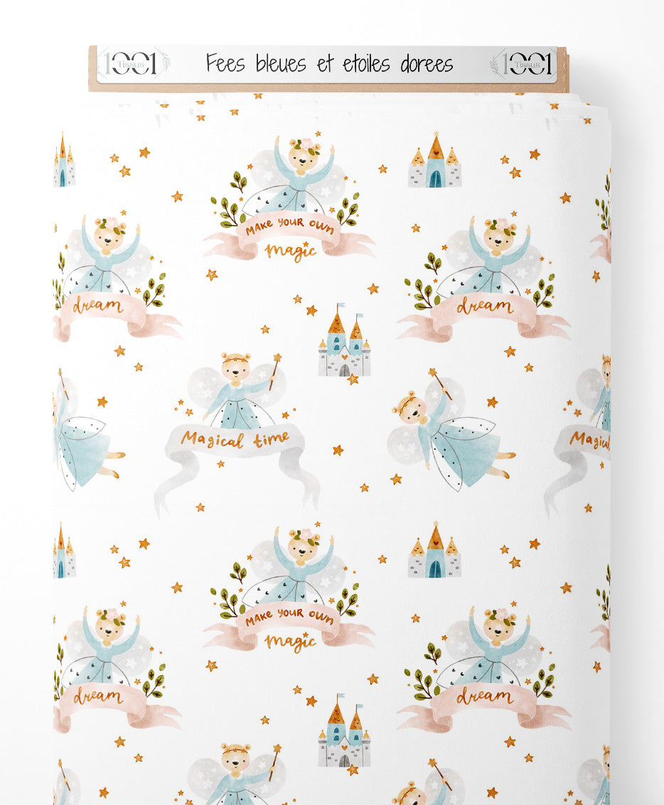 Tissu - Fées bleues et étoiles dorées