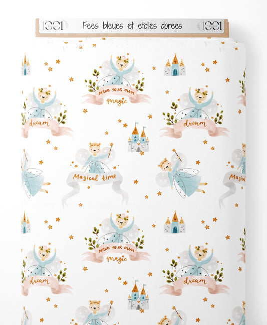 Tissu - Fées bleues et étoiles dorées