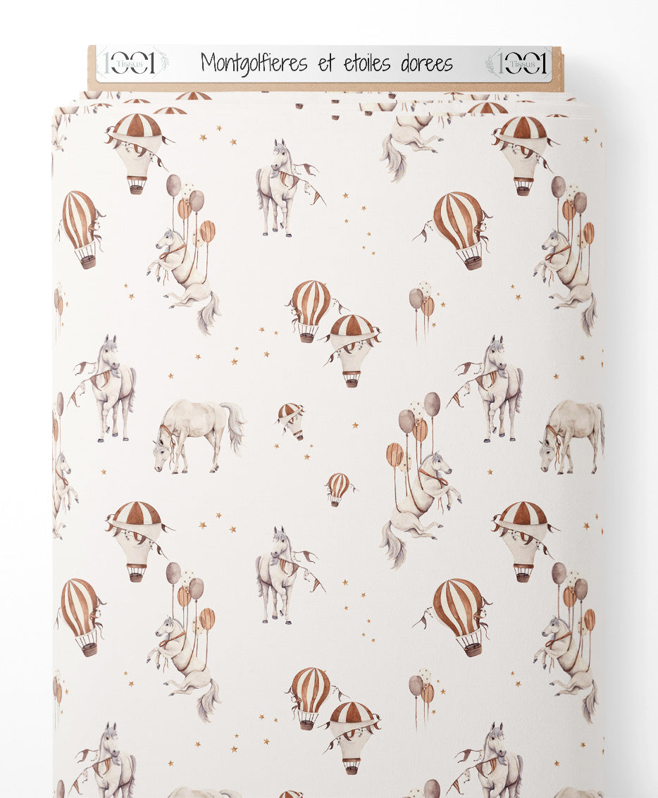 Tissu - Montgolfières et étoiles dorées