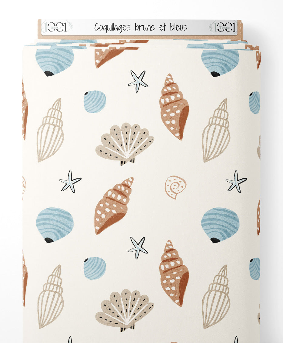 Tissu - Coquillages bruns et bleus