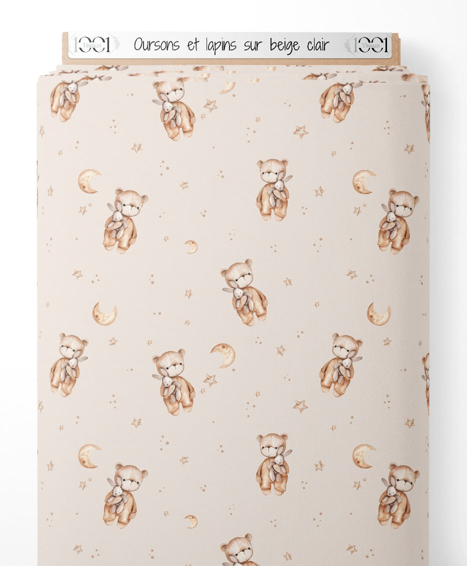 Tissu - Oursons et lapins sur beige clair