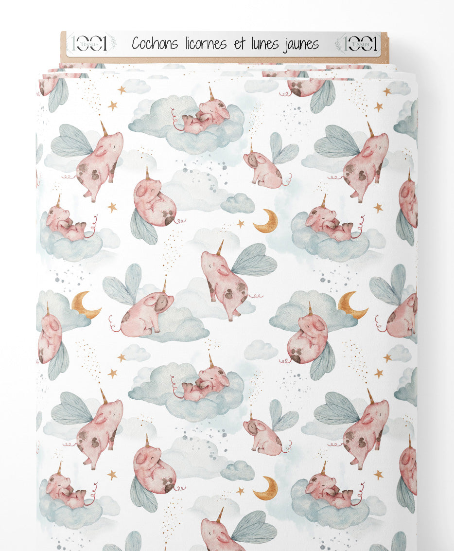 Tissu - Cochons licornes et lunes jaunes