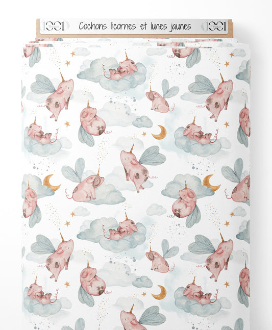 Tissu - Cochons licornes et lunes jaunes