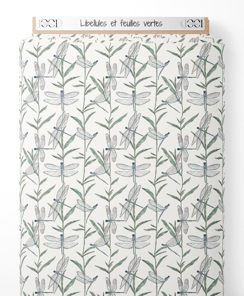 Tissu - Libellules et feuilles vertes