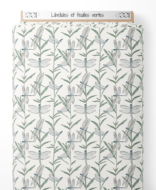 Tissu - Libellules et feuilles vertes