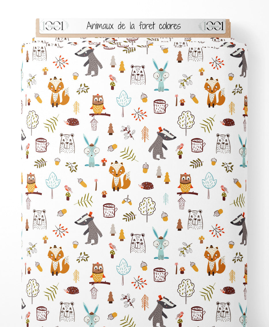 Tissu - Animaux de la forêt colorés