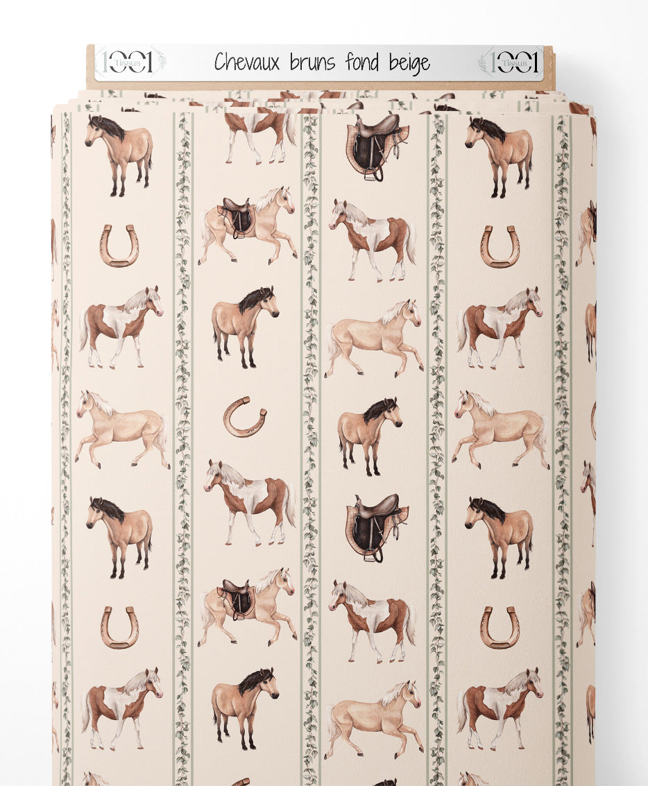 Tissu - Chevaux bruns sur fond beige