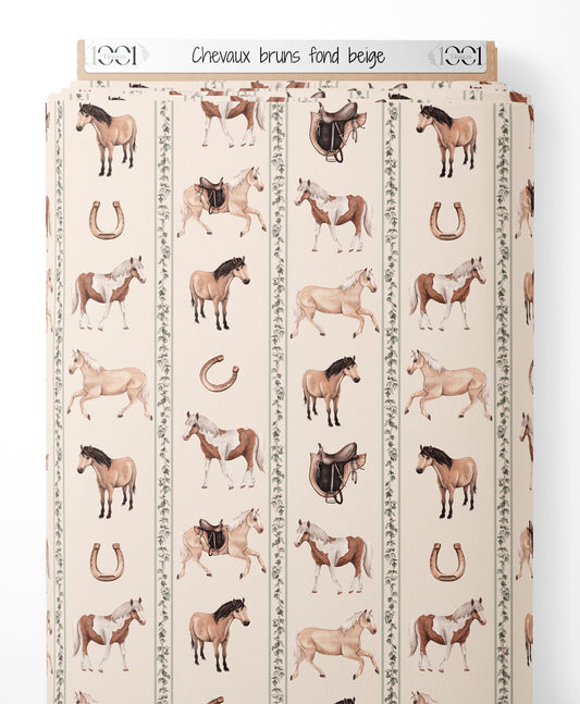 Tissu - Chevaux bruns sur fond beige
