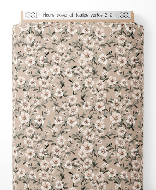 Tissu - Fleurs beige et feuilles vertes 2 2