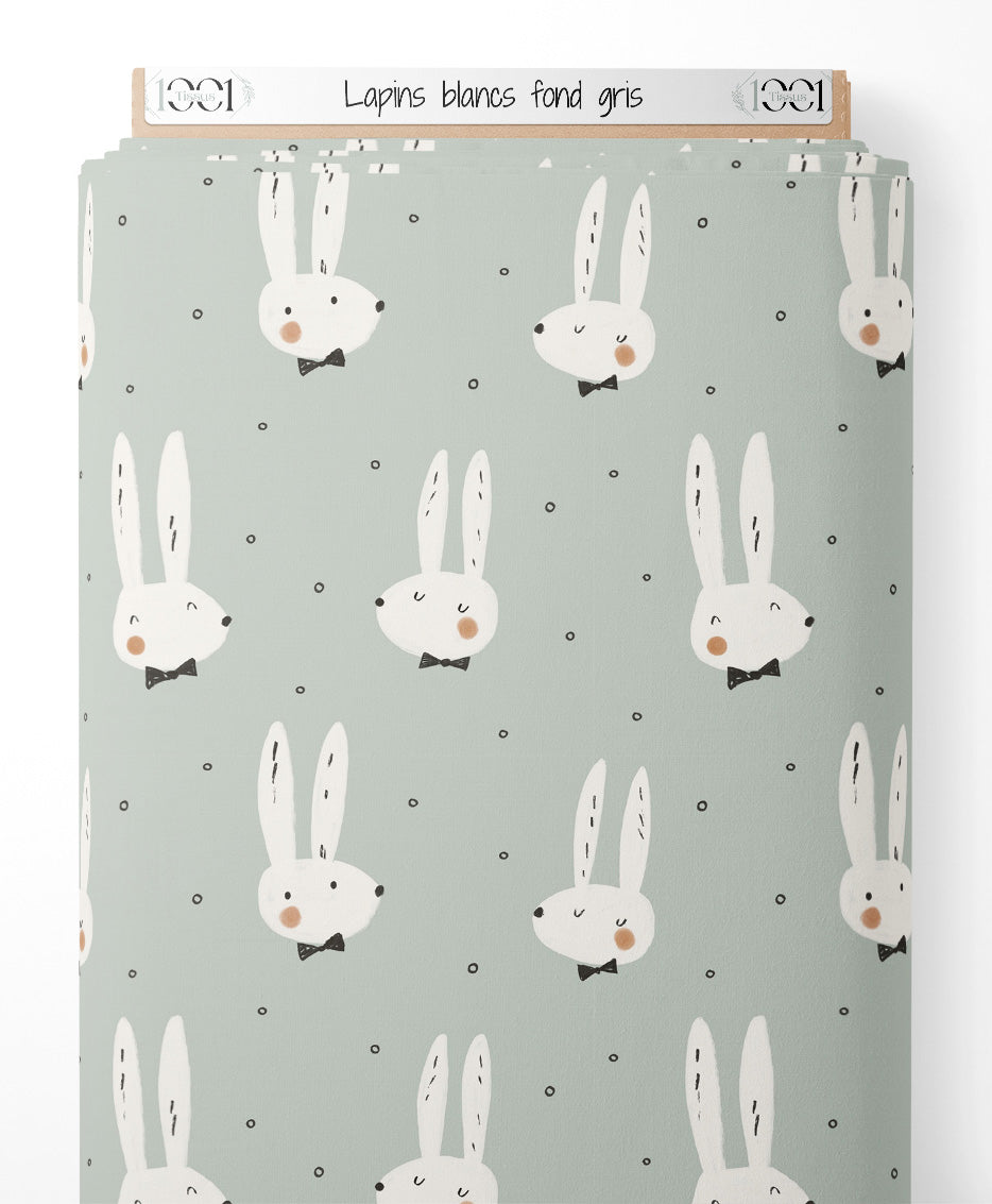 Tissu - Lapins blancs fond gris