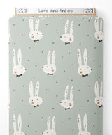 Tissu - Lapins blancs fond gris