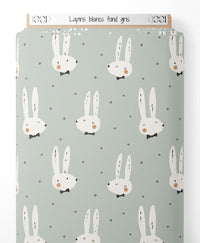 Tissu - Lapins blancs fond gris
