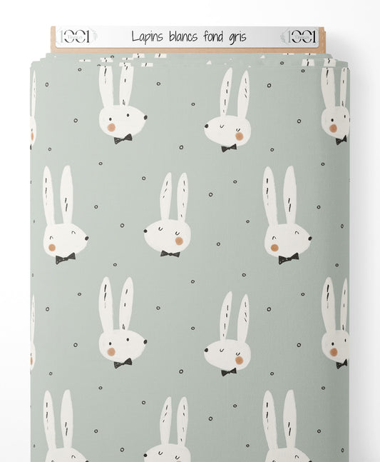 Tissu - Lapins blancs fond gris
