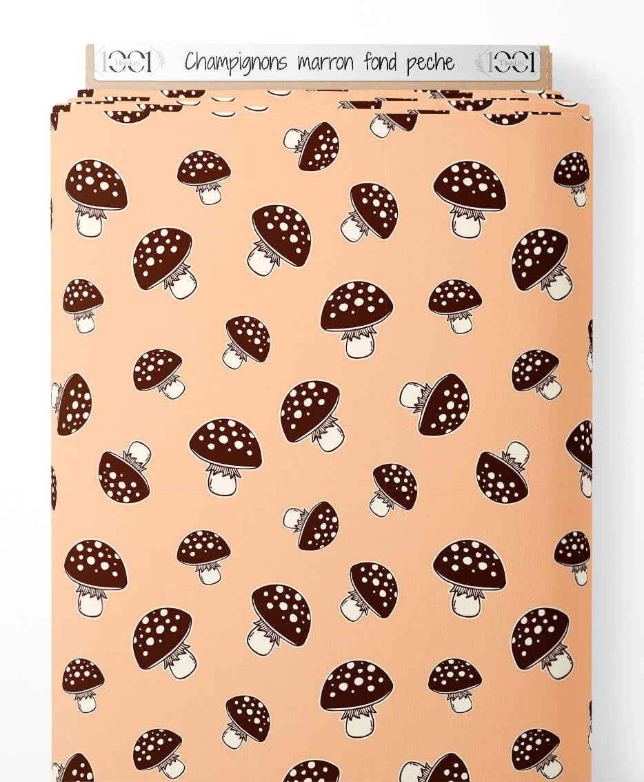 Tissu - Champignons marron sur fond pêche