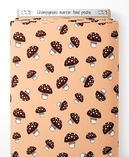 Tissu - Champignons marron sur fond pêche