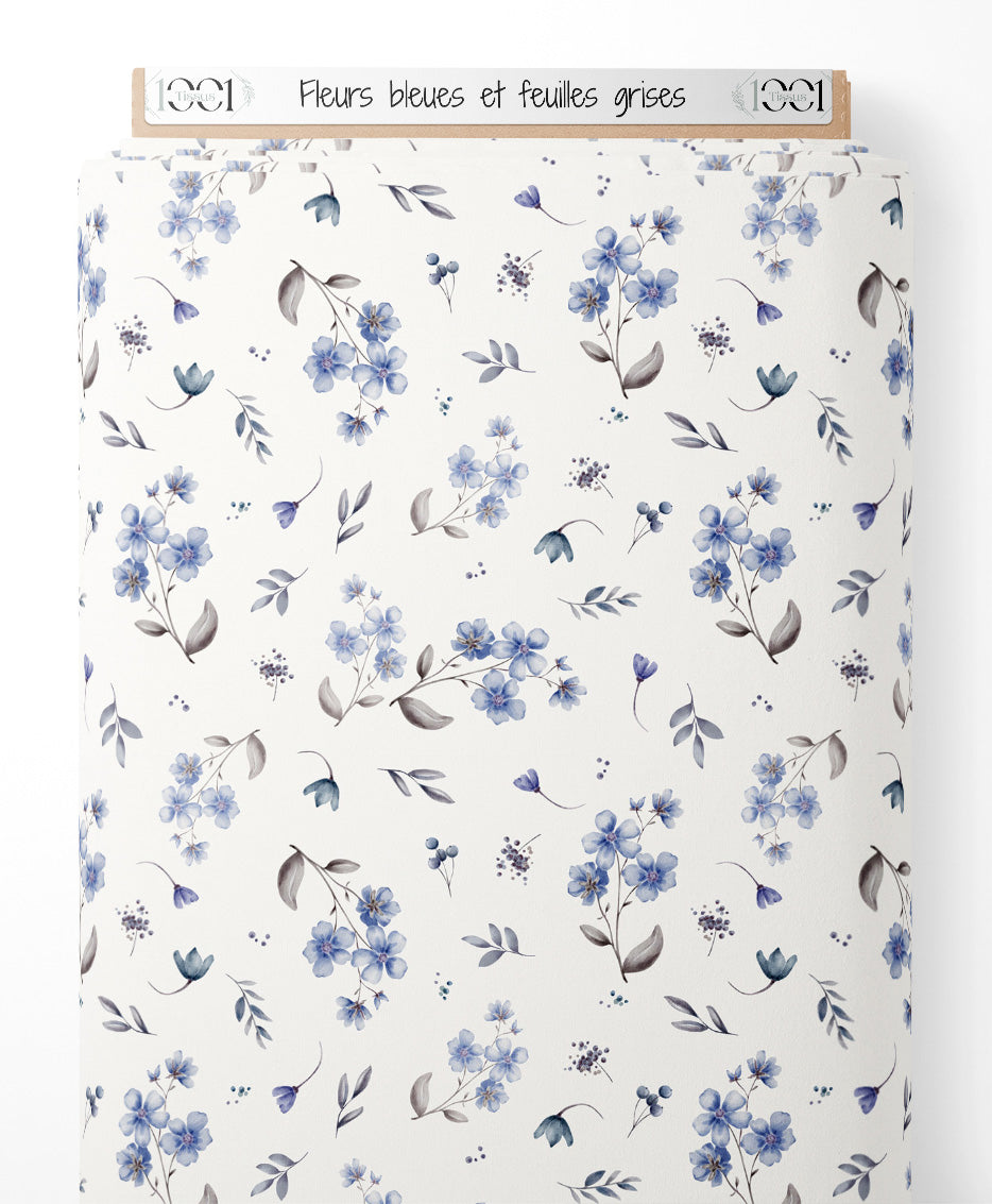 Tissu - Fleurs bleues et feuilles grises