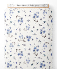 Tissu - Fleurs bleues et feuilles grises