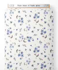 Tissu - Fleurs bleues et feuilles grises
