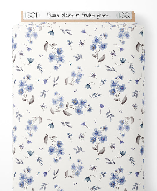 Tissu - Fleurs bleues et feuilles grises