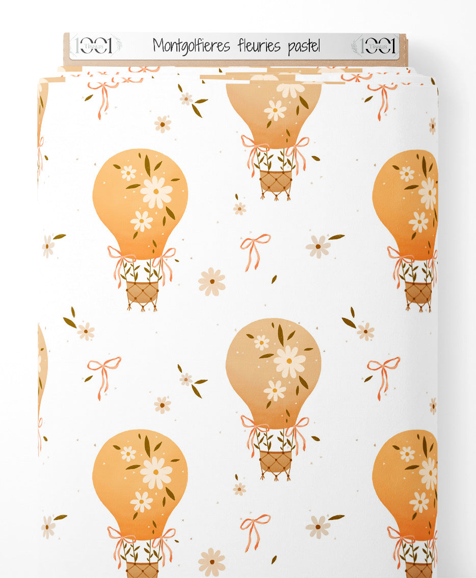 Tissu - Montgolfières fleuries pastel