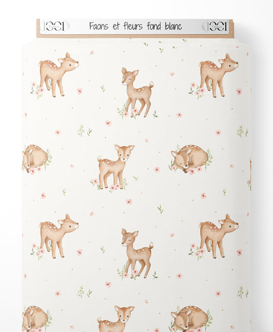 Tissu - Faons et fleurs sur fond blanc