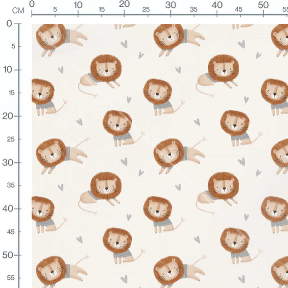 Tissu - Lions et cœurs gris