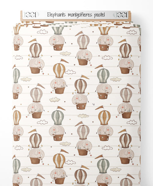 Tissu - Éléphants montgolfières pastel