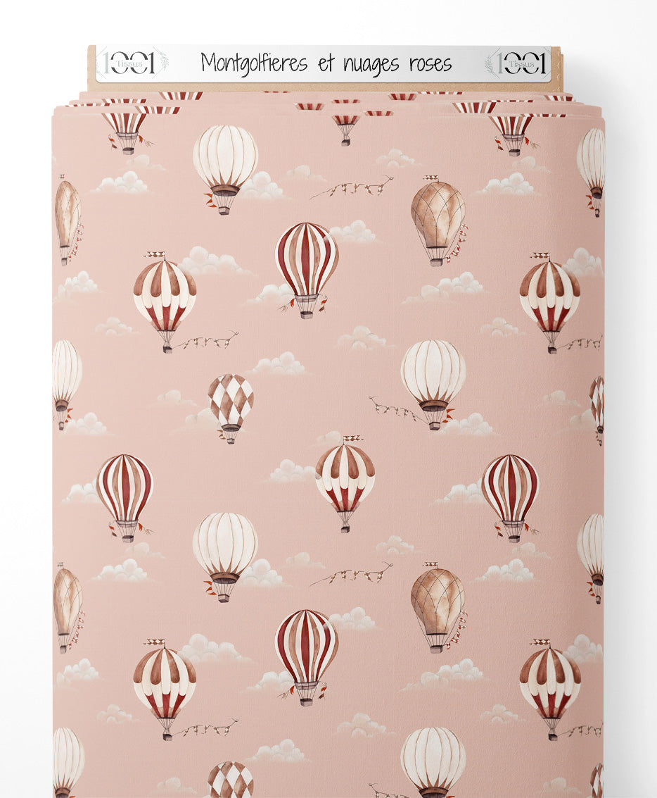 Tissu - Montgolfières et nuages roses