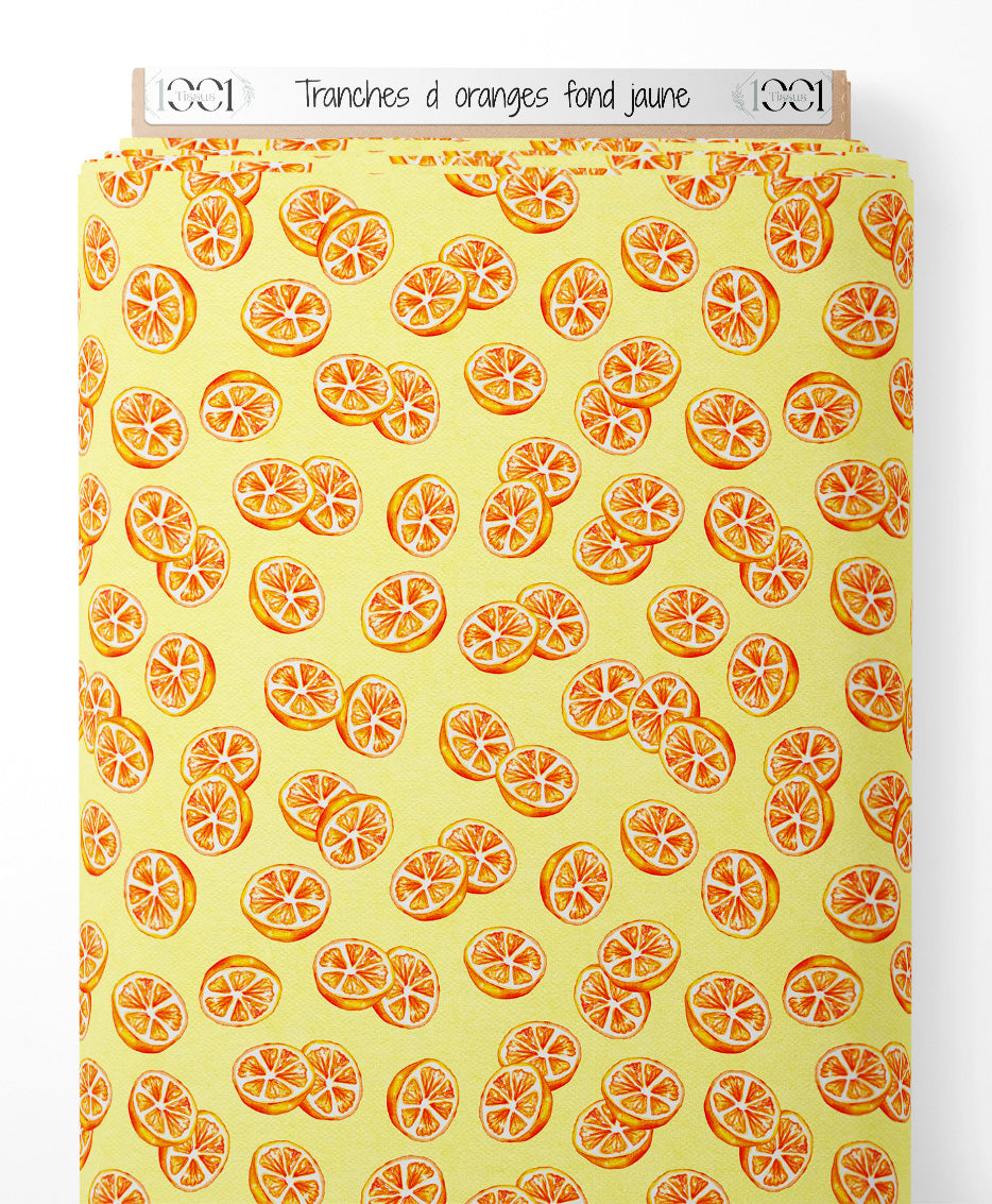 Tissu - Tranches d'oranges sur fond jaune